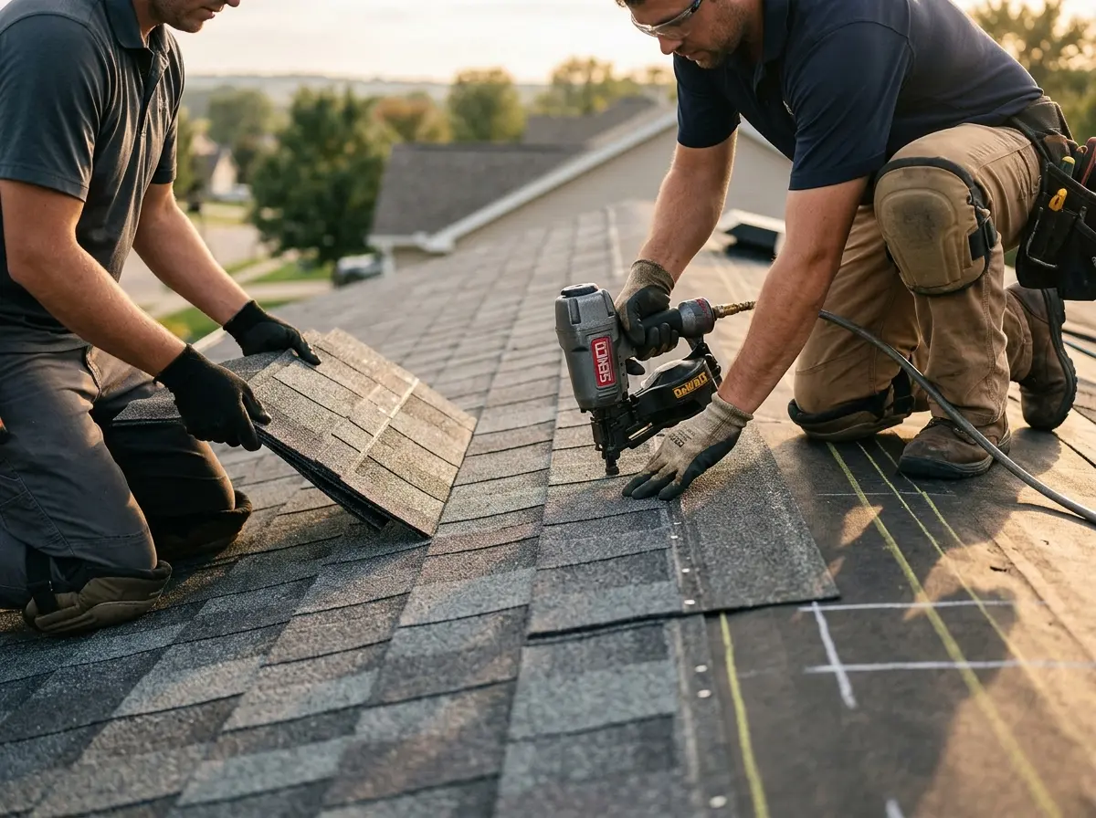 Professional roofer working on a residential roof in Lakeway